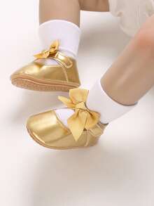 Baby Metallic Bow Decor Ankle Strap Flats - Gold - View 6