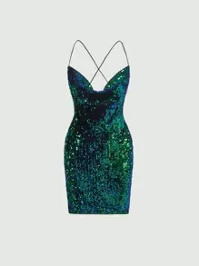 SHEIN BAE 露背交叉亮片吊帶連衣裙 - 彩色 - 查看 1