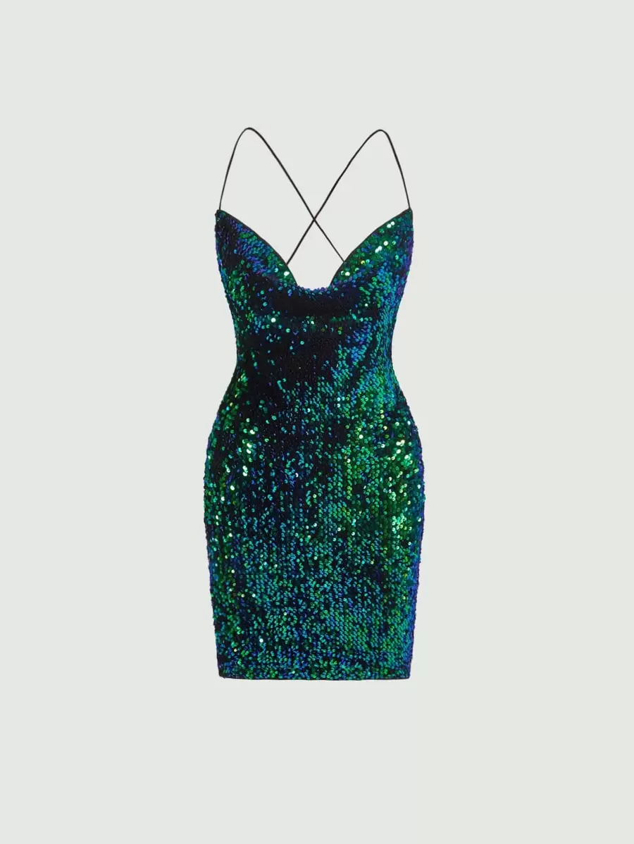 SHEIN BAE 露背交叉亮片吊帶連衣裙 - 彩色 - 查看 1