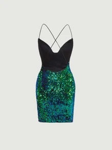 SHEIN BAE 露背交叉亮片吊帶連衣裙 - 彩色 - 查看 2