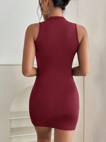 SHEIN PETITE Solid Mock Neck Tank Dress - Burgundy - View 2