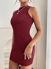 SHEIN PETITE Solid Mock Neck Tank Dress - Burgundy - View 5