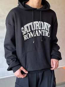 DAZY Men Letter Graphic Kangaroo Pocket Drop Shoulder Drawstring Hoodie - Black - View 1