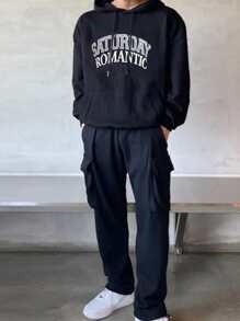 DAZY Men Letter Graphic Kangaroo Pocket Drop Shoulder Drawstring Hoodie - Black - View 3