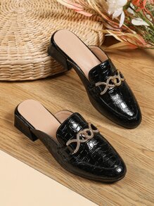 Mules planos con cocodrilo en relieve con diseño metal - Negro - Ver 3