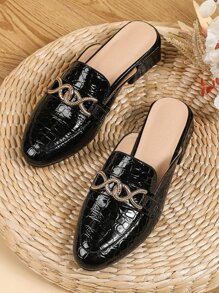 Mules planos con cocodrilo en relieve con diseño metal - Negro - Ver 1