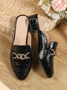 Mules planos con cocodrilo en relieve con diseño metal - Negro - Ver 4