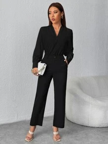 SHEIN PETITE 素色V領襯衫 - 黑色 - 查看 4