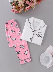 女孩熊貓印花撞色滾邊睡衣套裝