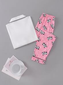 女孩熊貓印花撞色滾邊睡衣套裝