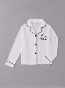 女孩熊貓印花撞色滾邊睡衣套裝