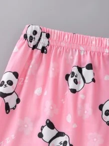 女孩熊貓印花撞色滾邊睡衣套裝