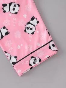 女孩熊貓印花撞色滾邊睡衣套裝