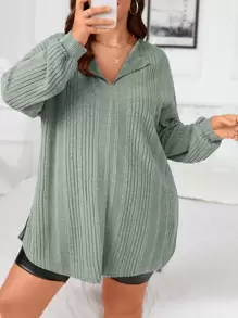 SHEIN Essnce 大碼落肩袖下擺開叉T恤 - 薄荷綠 - 查看 1