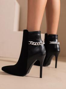 Chain Decor Faux Suede Point Toe Stiletto Heeled Classic Boots - Black - View 2