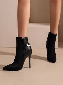 Chain Decor Faux Suede Point Toe Stiletto Heeled Classic Boots - Black - View 3