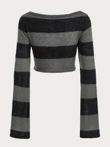 ROMWE Goth 條紋圖案短款毛衣 - 灰色 - 查看 2