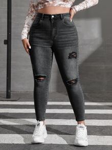 SHEIN ICON Plus Bleach Wash Ripped Frayed Skinny Jeans - Dark Grey - View 1
