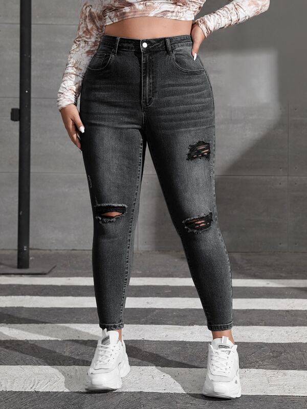 SHEIN ICON Plus Bleach Wash Ripped Frayed Skinny Jeans