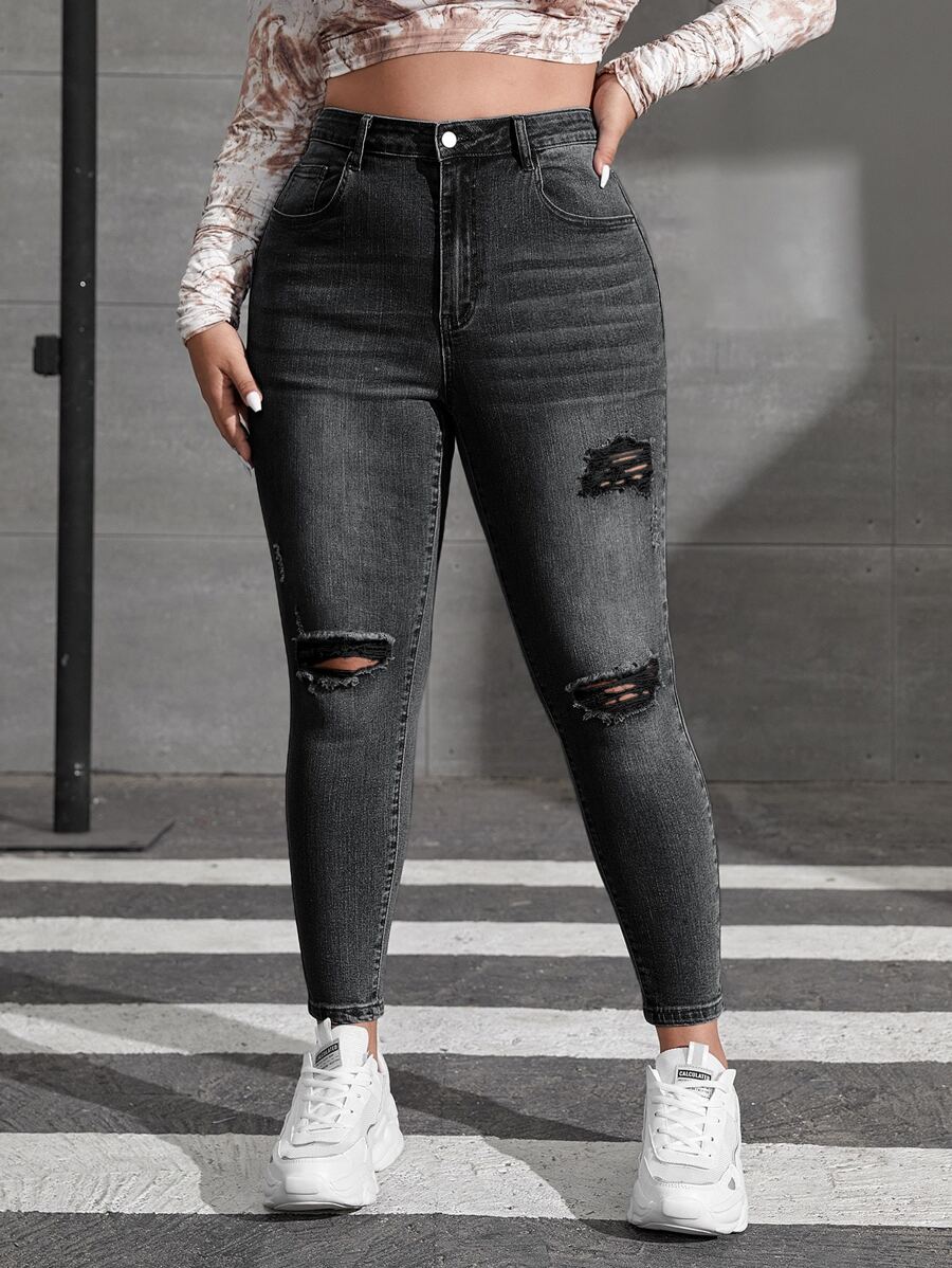 SHEIN ICON Plus Bleach Wash Ripped Frayed Skinny Jeans - Dark Grey - View 1