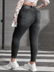 SHEIN ICON Plus Bleach Wash Ripped Frayed Skinny Jeans - Dark Grey - View 2