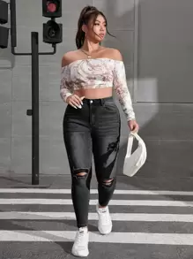 SHEIN ICON Plus Bleach Wash Ripped Frayed Skinny Jeans - Dark Grey - View 3