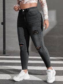 SHEIN ICON Plus Bleach Wash Ripped Frayed Skinny Jeans - Dark Grey - View 4