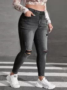 SHEIN ICON Plus Bleach Wash Ripped Frayed Skinny Jeans - Dark Grey - View 5