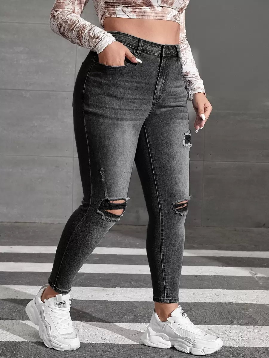 SHEIN Essnce High Stretch Slim Fit Ripped Women Denim Jeans - Black - View 1