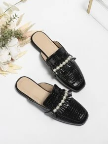 Crocodile Embossed Faux Pearl & Ruffle Decor Flat Mules - Black - View 1