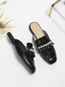 Crocodile Embossed Faux Pearl & Ruffle Decor Flat Mules - Black - View 5
