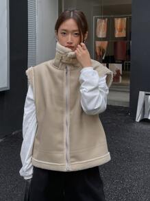 DAZY Contrast Trim Zip Up PU Vest Coat - Khaki - View 6