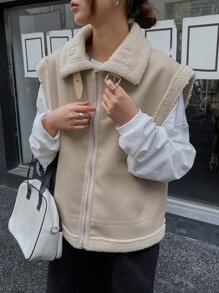 DAZY Contrast Trim Zip Up PU Vest Coat - Khaki - View 7