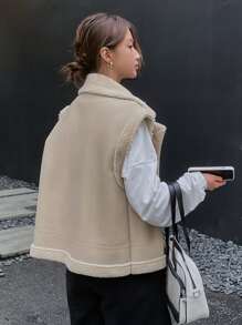 DAZY Contrast Trim Zip Up PU Vest Coat - Khaki - View 8