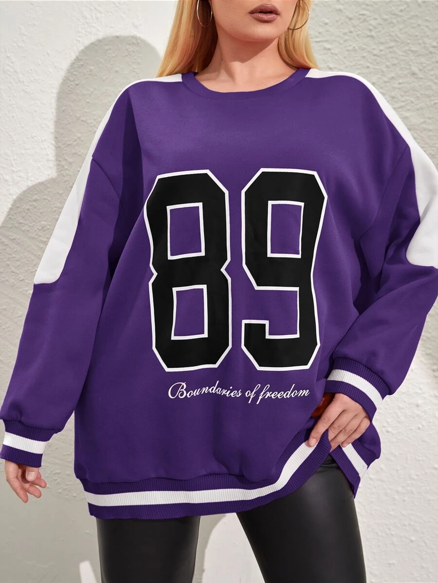SHEIN Coolane Plus Letter Graphic Drop Shoulder Two Tone Sweatshirt - Violet Purple - View 1