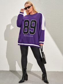 SHEIN Coolane Plus Letter Graphic Drop Shoulder Two Tone Sweatshirt - Violet Purple - View 4