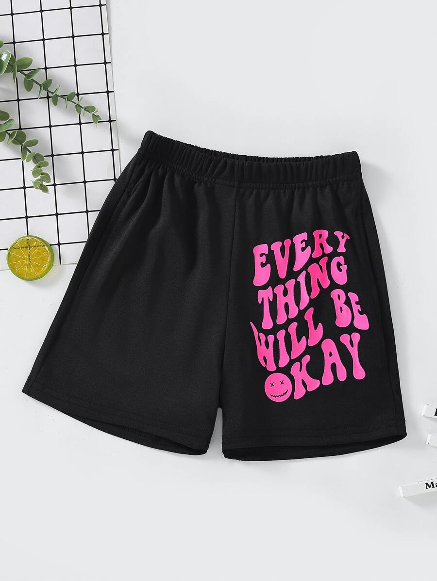 Girls Slogan Graphic Shorts - Black - View 1