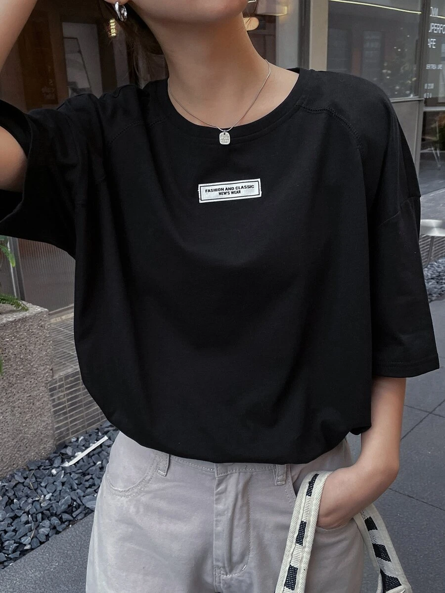 DAZY Áo thun nữ Đắp vá Lá thư Giải trí - màu đen - Xem 1