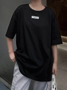 DAZY Áo thun nữ Đắp vá Lá thư Giải trí - màu đen - Xem 2