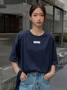 DAZY 字母貼布落肩T恤 - 藏蓝色 - 查看 2