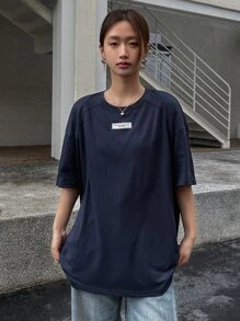 DAZY 字母貼布落肩T恤 - 藏蓝色 - 查看 4