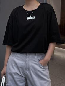 DAZY Áo thun nữ Đắp vá Lá thư Giải trí - màu đen - Xem 6