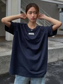 DAZY 字母貼布落肩T恤 - 藏蓝色 - 查看 5