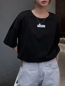 DAZY Áo thun nữ Đắp vá Lá thư Giải trí - màu đen - Xem 7
