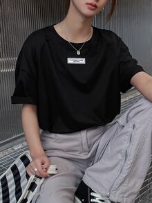 DAZY Áo thun nữ Đắp vá Lá thư Giải trí - màu đen - Xem 8