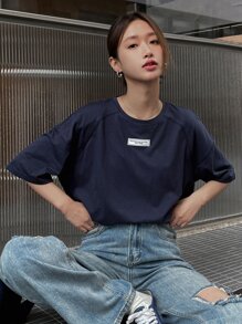 DAZY 字母貼布落肩T恤 - 藏蓝色 - 查看 7