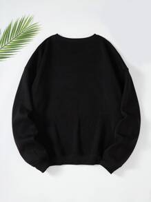 SHEIN LUNE Plus Slogan & Cat Print Thermal Pullover - Black - View 2