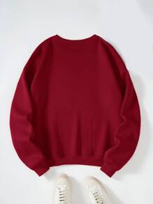 SHEIN LUNE Feather & Butterfly Print Thermal Pullover - Burgundy - View 2