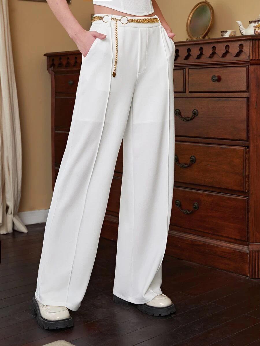SHEIN MOD Solid Wide Leg Belted Trousers - White - View 1
