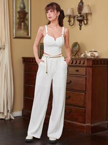 SHEIN MOD Solid Wide Leg Belted Trousers - White - View 3